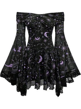 Women's Purple Long Bell Sleeve Gothic Print Off The Shoulder Short Dress